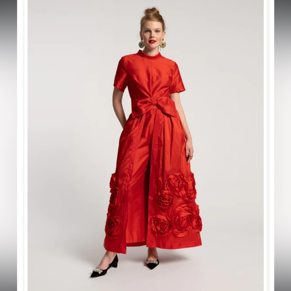 Frances Valentine Audrey Flower Jumpsuit & Skirt in Shantung Red - Size 12